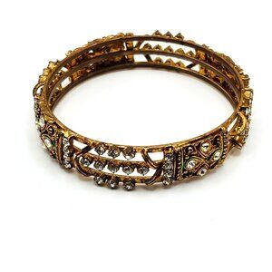 Vintage Rhinestone Bangle Bracelet Gold Tone Filigree Clear Crystal Boho Jewelry